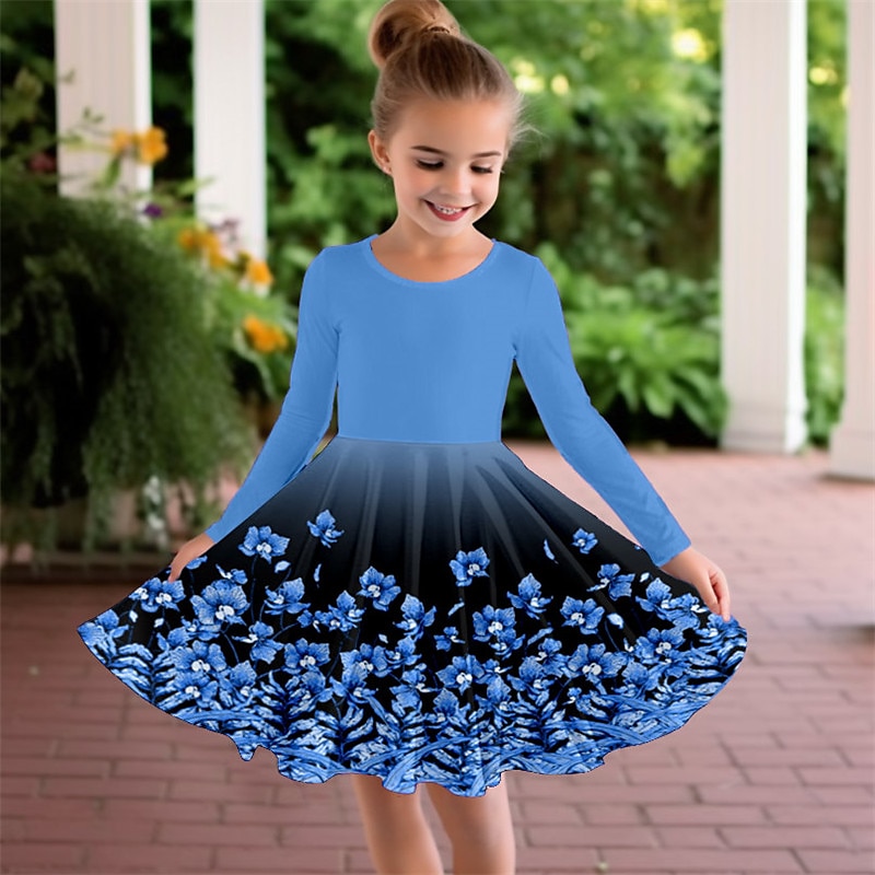 Girls' 3D Floral Dress Long Sleeve 3D Print Spring Fall Vacation Sports & Outdoor Daily Cute Casual Beautiful Kids 3-12 Years Casual Dress A Line Dress Above Knee Regular Fit2