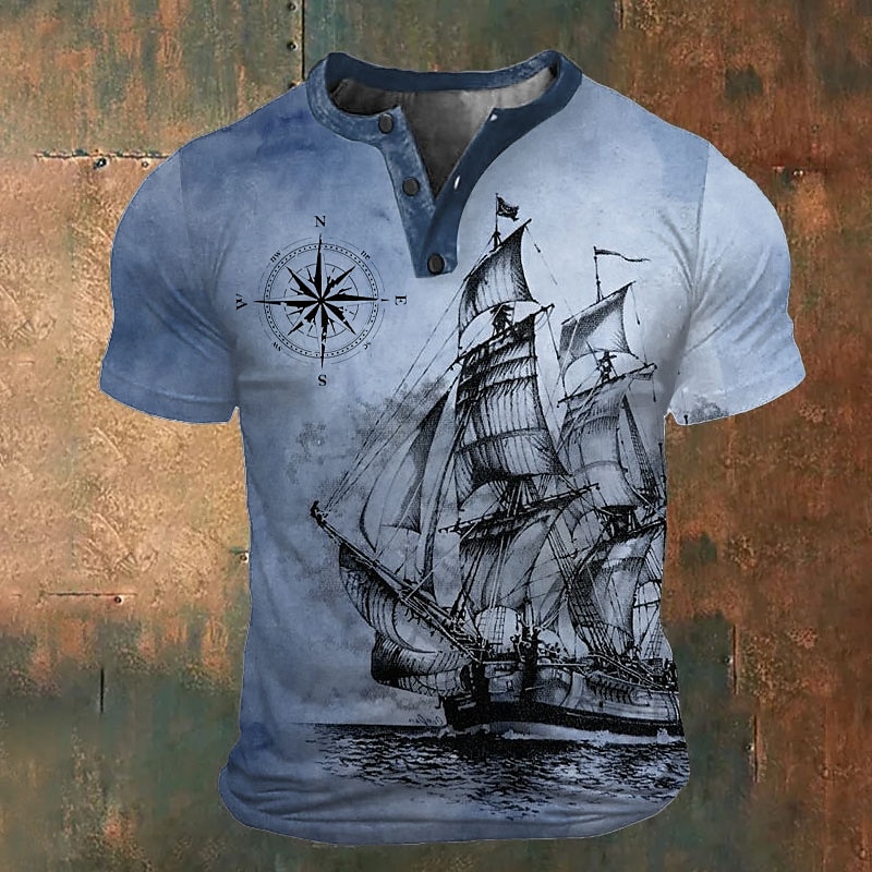Men's Graphic Ship T shirt Henley Shirt Short Sleeve 3D Print Fashion Retro Vintage Classic Sports Outdoor Holiday Going out Spring & Summer Blue Brown Army Green Gray Henley Henley T-Shirt