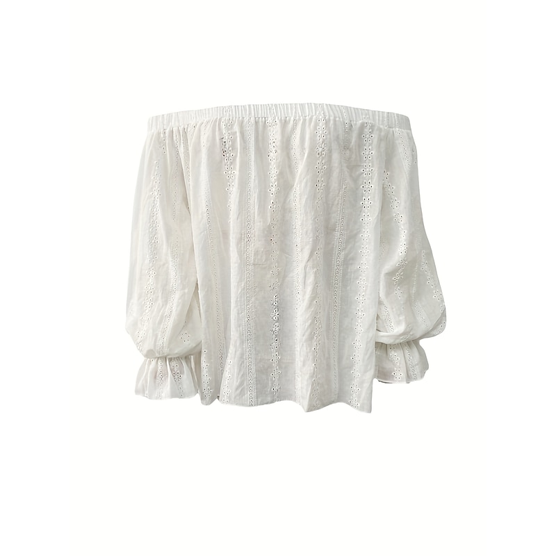 Eyelet top Women's White Plain Off Shoulder Cut Out Going out Independence Day Fashion Daily Off Shoulder Regular Fit Lantern Sleeve S3