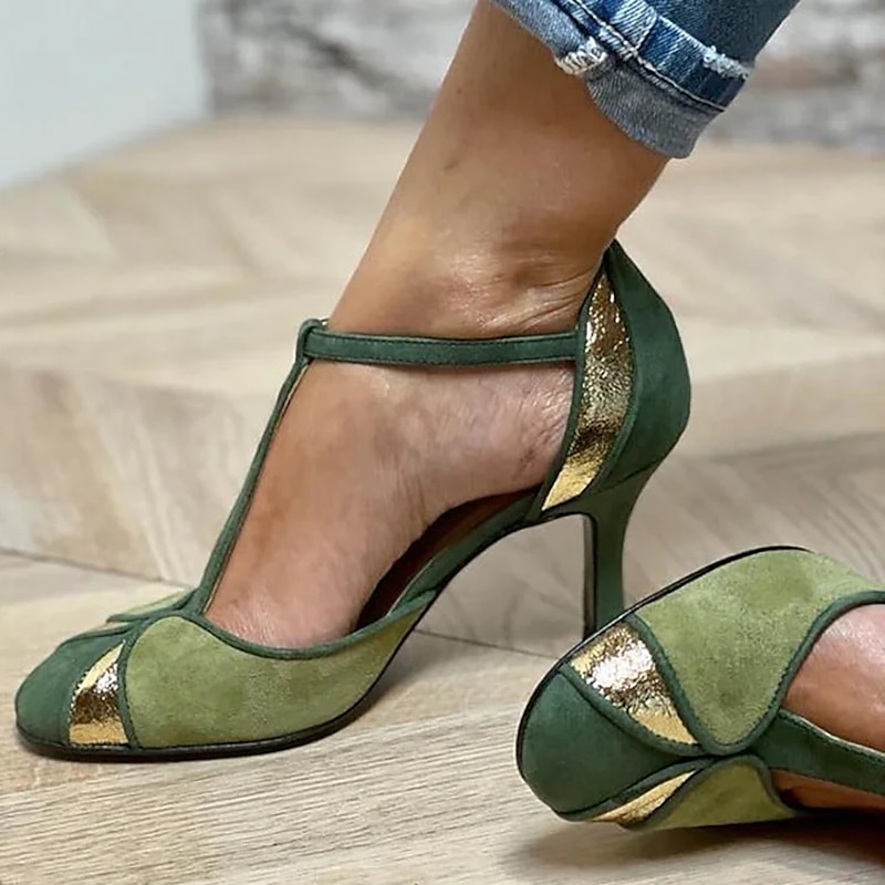 Women's Vintage Green & Gold Suede T-Strap Heels, Retro-Inspired Fashion Shoes for Special Occasions and Everyday Elegance
