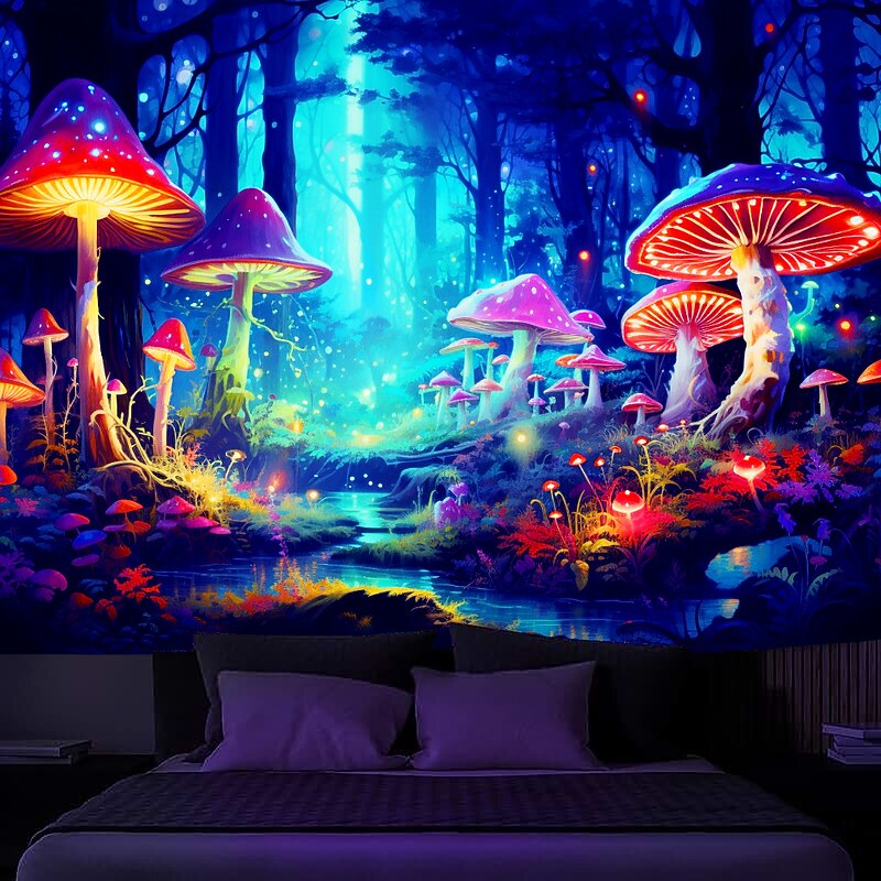 Blacklight Tapestry UV Reactive Glow in the Dark Glow Party Neon Mushroom Forest Psychedelic Trippy Misty Hanging Tapestry Wall Art Mural for Living2