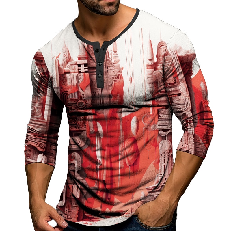 Men's Halloween Graphic Building Henley Shirt Long Sleeve 3D Print Fashion Daily Casual Casual Holiday Going out Spring &  Fall Red Blue Orange Green Henley Henley T-Shirt2