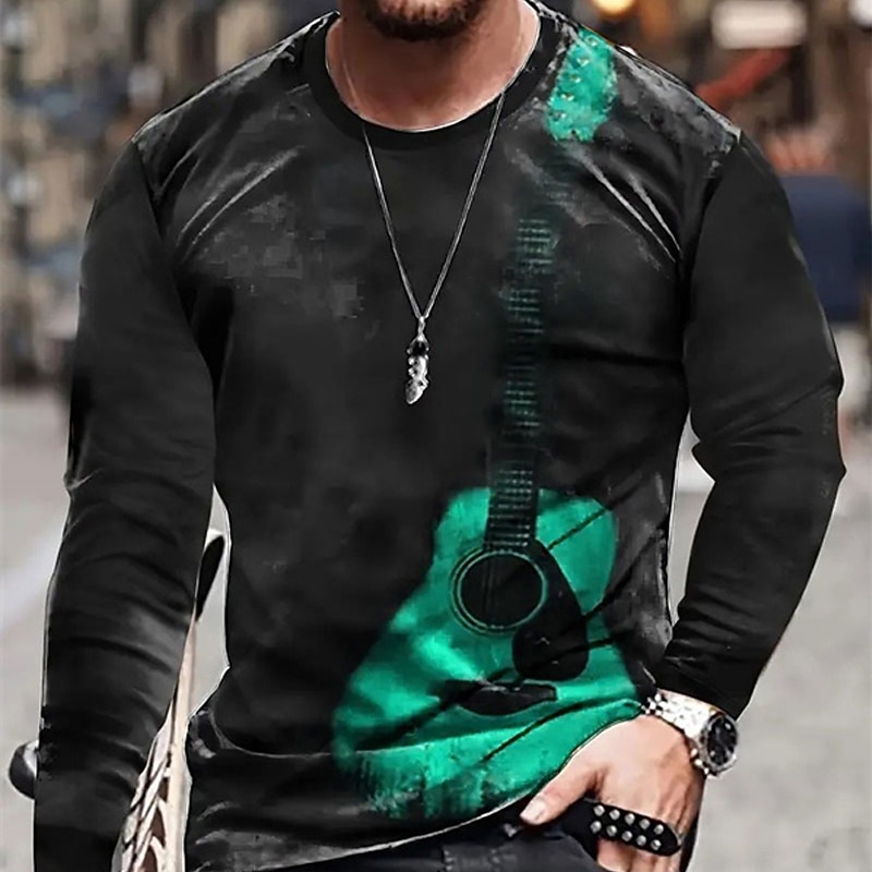 Music Festival Men's Graphic Guitar Musical Instrument T Shirt Long Sleeve T shirt 3D Print Crew Neck Shirt Fashion Designer Casual Sports Outdoor Holiday Going out Sky Blue Purple Orange Spring2