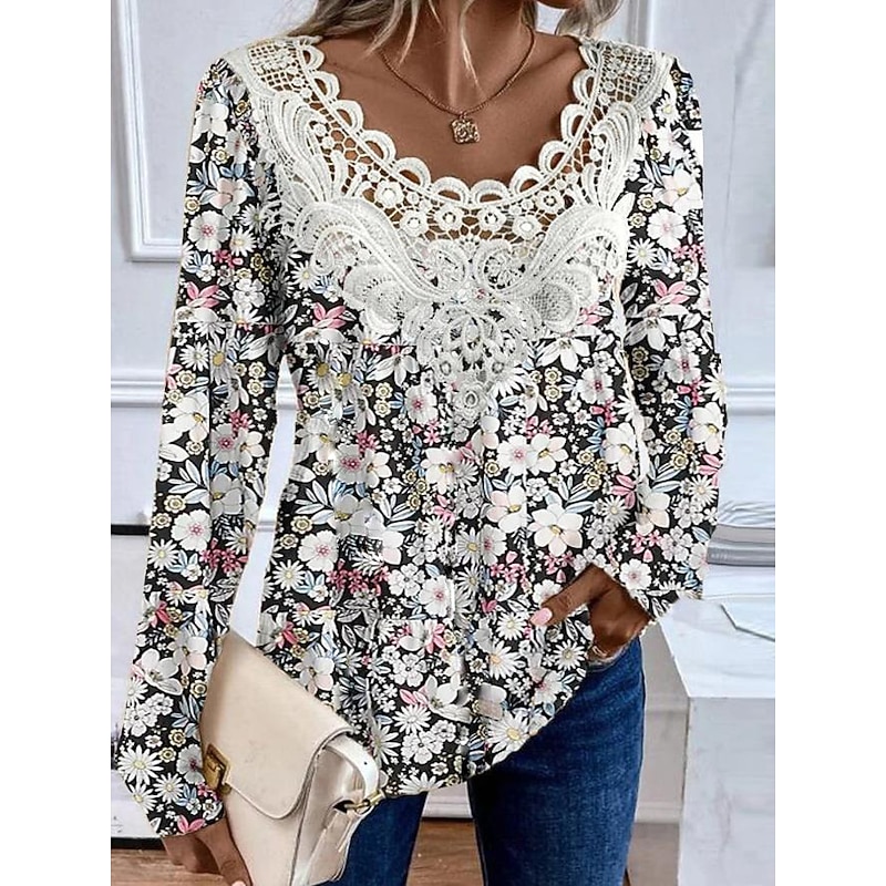 Women's Blouse Tunic Lace Splicing V Neck Long Sleeve Floral Lace Print Regular Tops Casual Holiday Black White Yellow Pink Red Spring & Fall Prefall