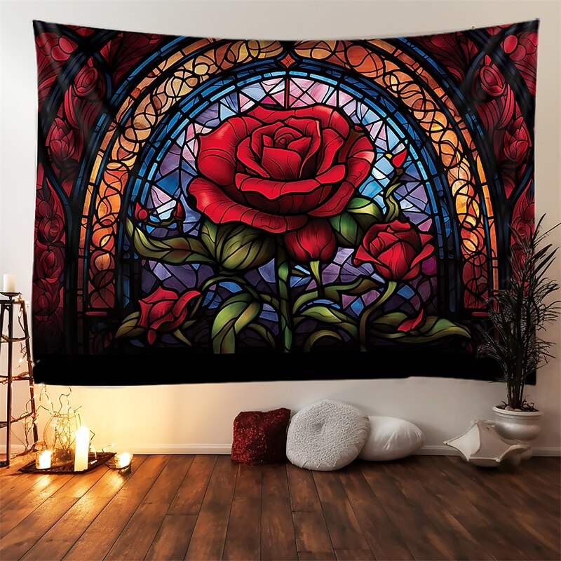 Valentine's Day Stained Glass Rose Hanging Tapestry Wall Art Large Tapestry Mural Decor Photograph Backdrop Blanket Curtain Home Bedroom Living Room Decoration4