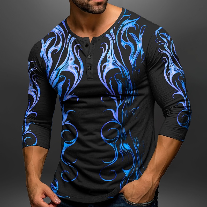 Men's Graphic Abstract Viking Henley Shirt Long Sleeve 3D Print Fashion Daily Casual Casual Holiday Going out Spring &  Fall Blue Purple Orange Dark Blue Henley Henley T-Shirt3