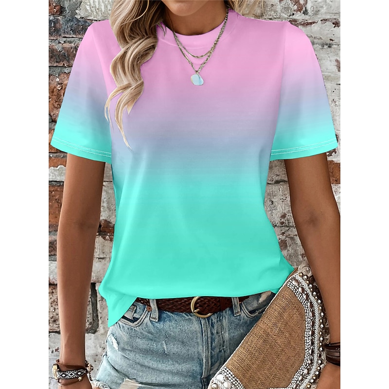 Women's T Shirt Ombre Color Gradient Fashion Short Sleeve Round Neck Regular Tops Vacation Daily Going out Print Yellow Blue Orange Light Blue Summer