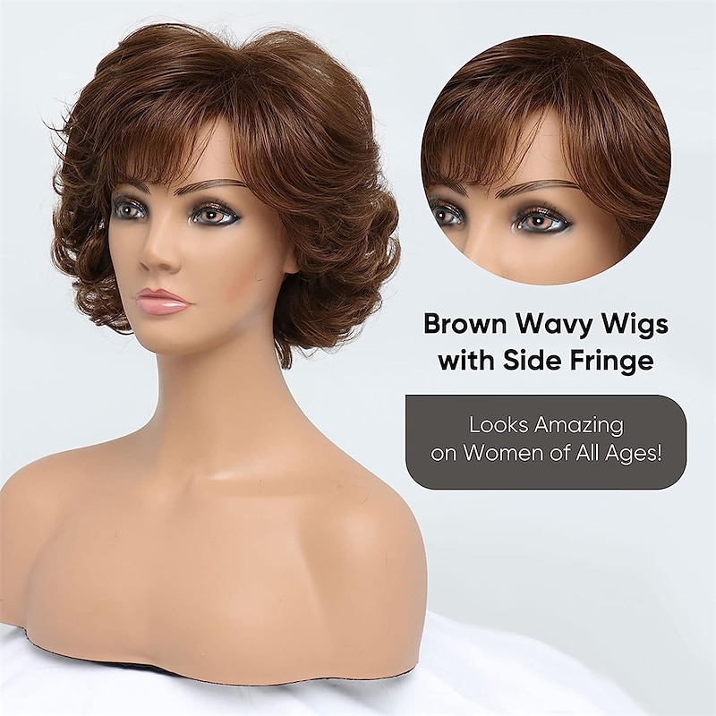 Short Curly Dark Brown Wigs for Old Lady Layered Curly Wig with Bangs Wavy Brown Wig with Dark Roots Natural Synthetic Hair for Carnival Party3