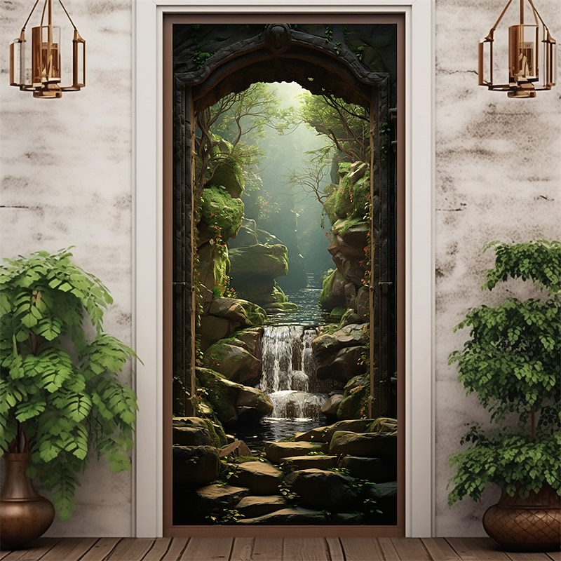Waterfall Cave Door Covers Mural Decor Door Tapestry Door Curtain Decoration Backdrop Door Banner Removable for Front Door Indoor Outdoor Home Room Decoration Farmhouse Decor Supplies
