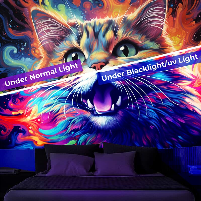 Blacklight Tapestry UV Reactive Glow in the Dark Glow Party Neon Painting Cat Portrait Nature Psychedelic Trippy Misty Hanging Tapestry Wall Art Mural for Living Room Bedroom3