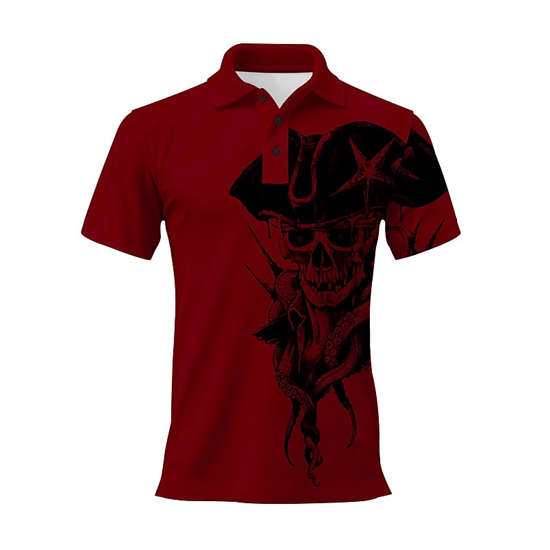 Day of the Dead Men's Skull Polo Shirts Golf Shirt Short Sleeve Polo Shirts Collared Shirts Casual Horror Festival Wear Party Outfits 3D Print Buttons Spring & Summer White Wine Navy Blue2