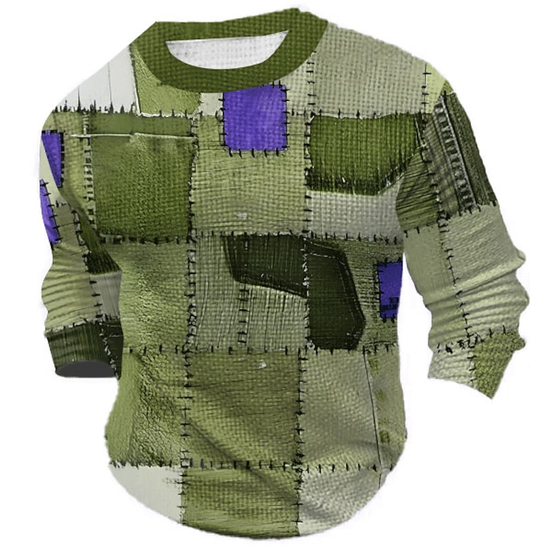 Men's Graphic Color Block Patchwork T Shirt Waffle T Shirt Long Sleeve T shirt 3D Print Crew Neck Shirt Designer Retro Vintage Casual Sports Outdoor Holiday Going out Blue Brown Green Spring &  Fall2