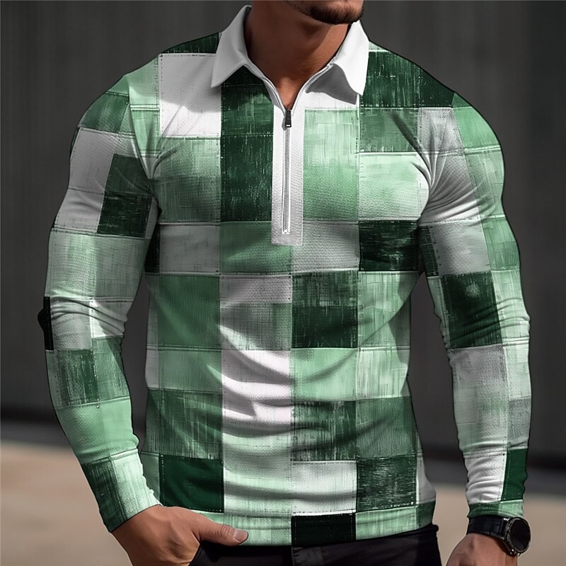 Men's Plaid / Check Waffle Polo Shirts Polo Shirts Golf Polos Shirts Long Sleeve Polo Shirts Turndown Zip Casual Outdoor Casual Daily Streetwear 3D Print Spring Blue Green Khaki2