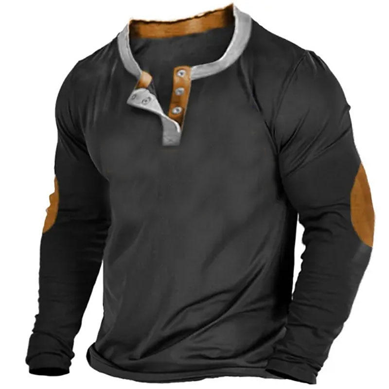 Men's Button T Shirt T Shirt Henley Shirt Tee Top Long Sleeve Henley Spring &  Fall Color Block Vintage Designer Basic Patchwork Vacation Street Going out Black khaki Top Tee for Men2