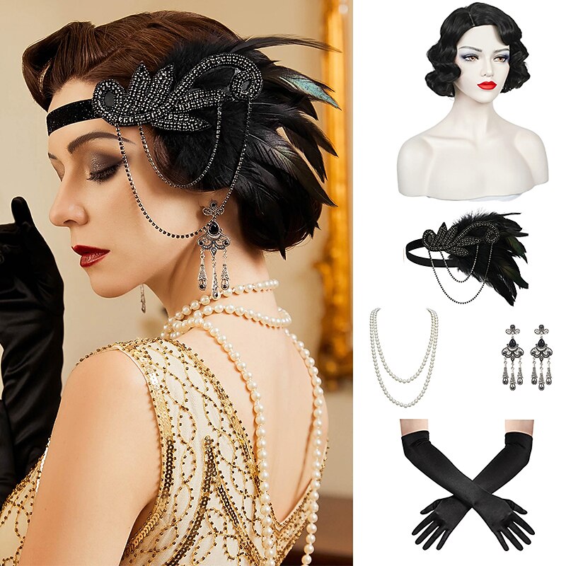 Set with Black Finger Wave Wigs Feather Flapper Headband Long Opera Gloves Necklace Earings Women's Roaring 20s 1920s Flapper Girl Cocktail Masquerade Outfits The Great Gatsby Costume