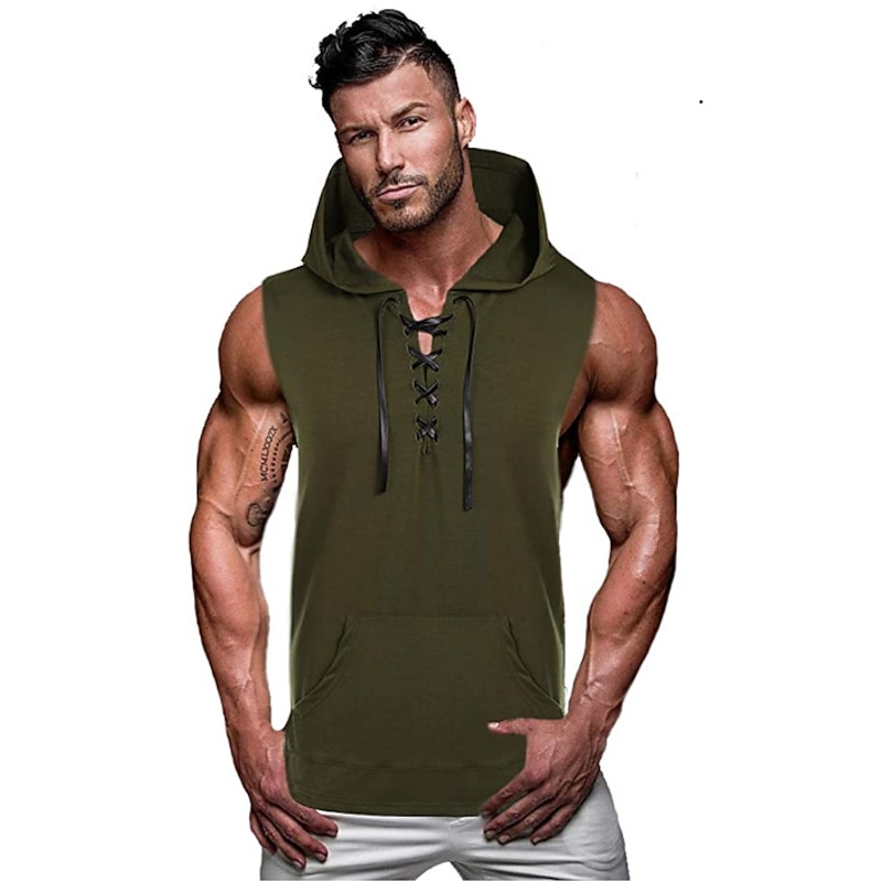 Men's Tank Top Vest Top Undershirt Gym Muscle Tee Sleeveless Hooded Summer Plain Vintage Designer Muscle Drawstring Outdoor Going out Gym Green Gray Top Tee for Men