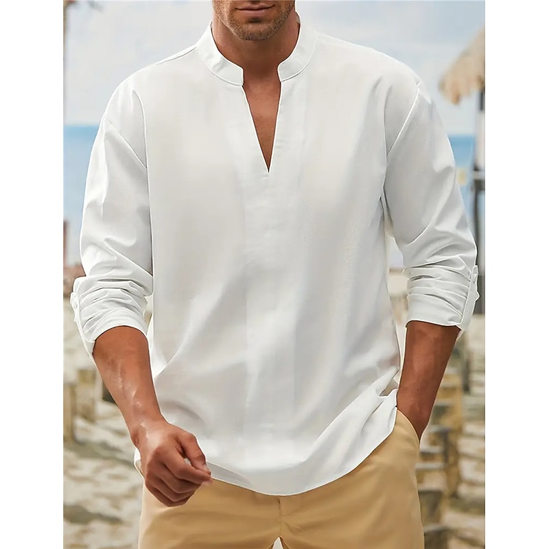 Men's Shirt Linen Shirt Cotton Linen Shirt White Cotton Shirt Chinese Collar Shirt Mandarin Collar Shirt Plain Vacation Casual White Long Sleeve V Neck Spring &  Fall Clothing Apparel3