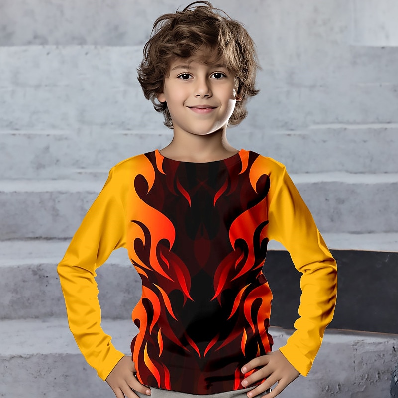 Boys 3D Fire Tee Shirt Long Sleeve 3D Print Spring Fall Sports Fashion Streetwear Polyester Kids 3-12 Years Crew Neck Outdoor Casual Daily Regular Fit