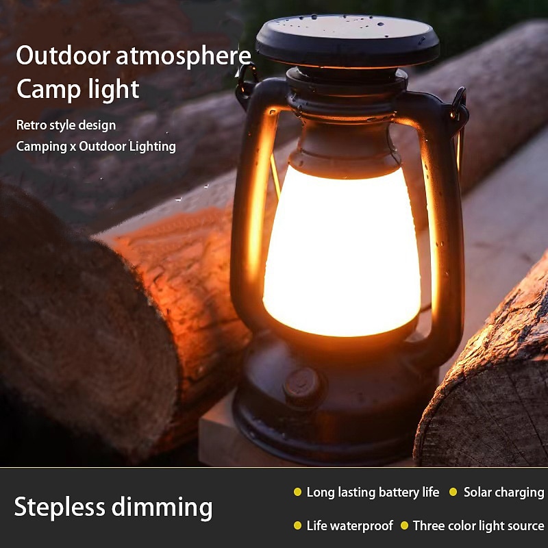 Retro Horse Lantern 3-Color LED Light Stepless Dimming Hanging Solar Rechargeable Outdoor Camping Light