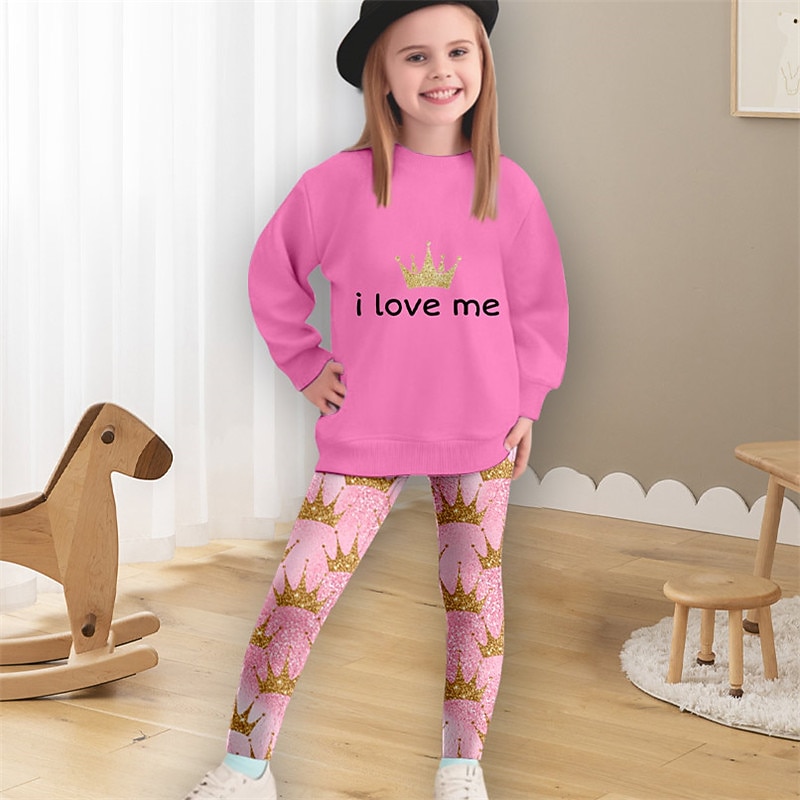 Girls' 3D Crown Sweatshirt & Legging Set Pink Long Sleeve 3D Print Spring Fall Active Fashion Daily Kids 3-12 Years Crew Neck Outdoor Vacation Date Regular Fit3