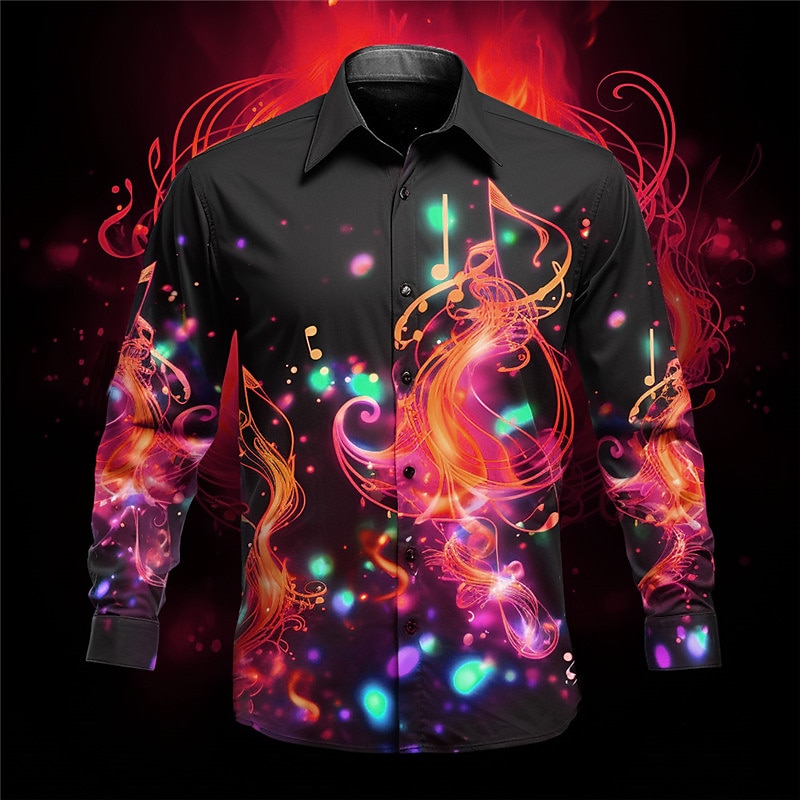 Men's Musical Notes Shirt Button Up Shirt Long Sleeve Artistic Daily Wear Going out Fall & Winter Turndown Print Button-Down Yellow Red Purple3