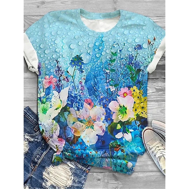 Women's T Shirt Fashion Floral Print Short Sleeve Regular Tops Round Neck Holiday Weekend Yellow Pink Blue Purple Green Spring & Summer2