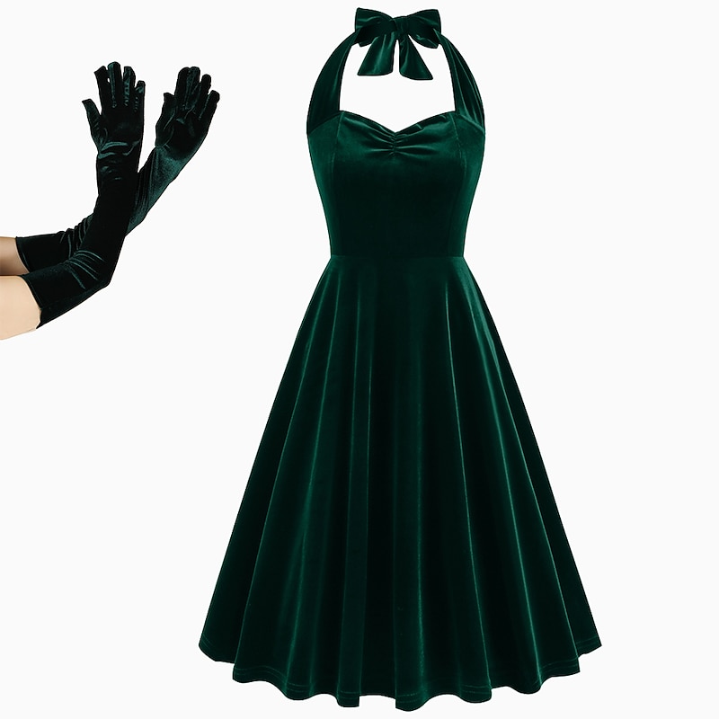 Retro Vintage 1950s Midi Swing Dress Flare Dress Sleeveless Halter Neck Fancy Dress Women's Masquerade Casual Daily Party / Cocktail Bachelorette Party Adults' Dress Gloves Homecoming Dresses2