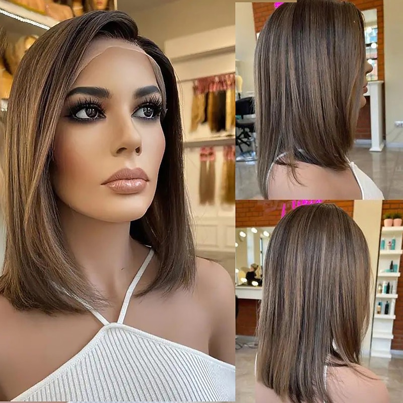 Remy Human Hair 13x4 Lace Front Wig Bob Brazilian Hair Straight Multi-color Wig 130% 150% Density Ombre Hair Highlighted / Balayage Hair Pre-Plucked For Women Short Human Hair Lace Wig