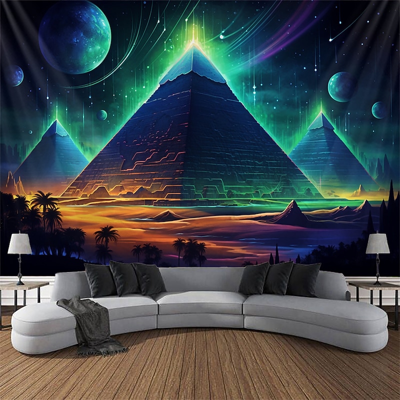 Blacklight Tapestry UV Reactive Glow in the Dark Glow Party Neon Egyptian Pyramid Psychedelic Trippy Misty Hanging Tapestry Wall Art Mural for Living Room Bedroom2