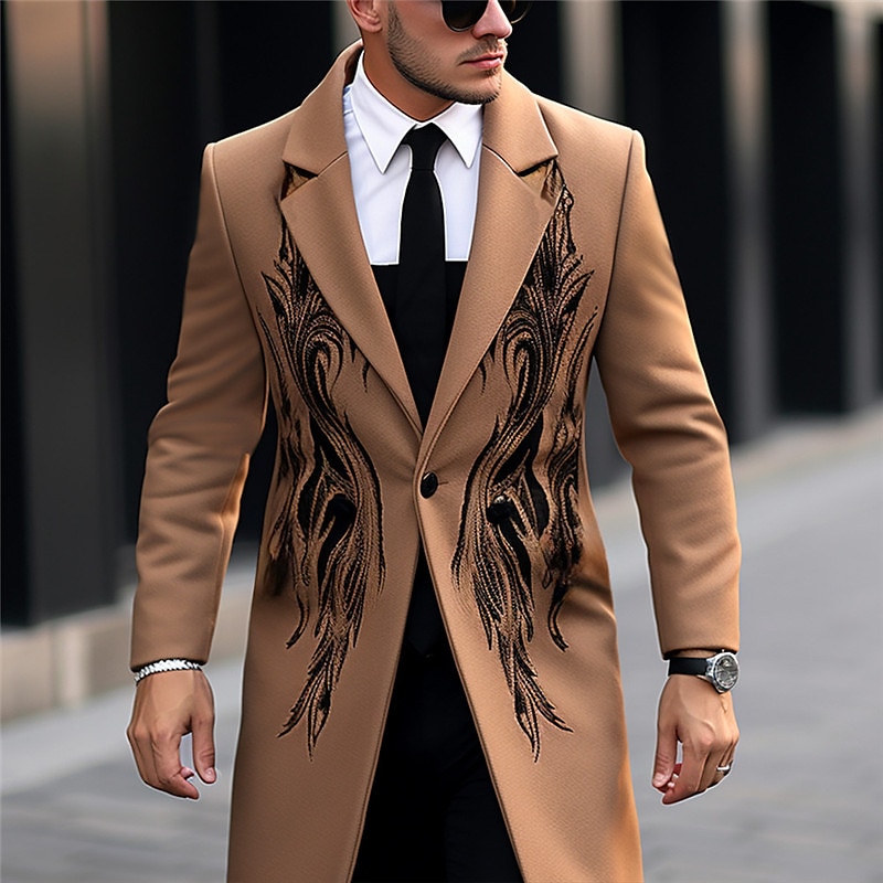 Men's Symbol Winter Coat Overcoat Coat Warm Comfortable Breathable Vintage Business Work Wear to work Going out Pocket Print Fall & Winter Turndown Long Sleeve Ginger Purple khaki2