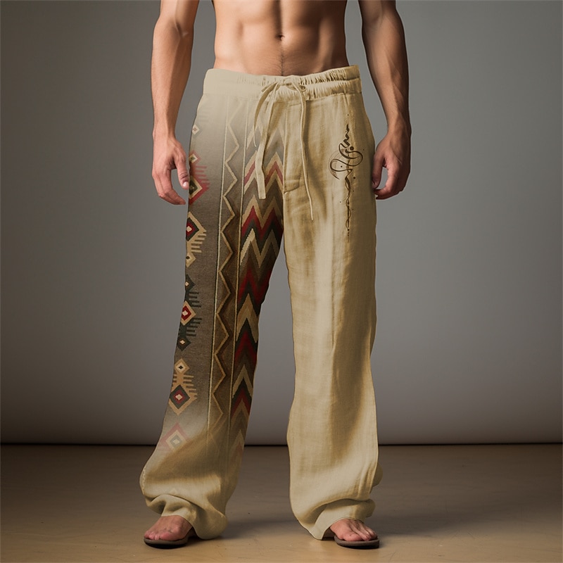 Men's Ethnic Linen Pants Pants Trousers Baggy Pants Mid Waist Vintage Outdoor Daily Wear Streetwear Fall & Winter Blue Green Khaki
