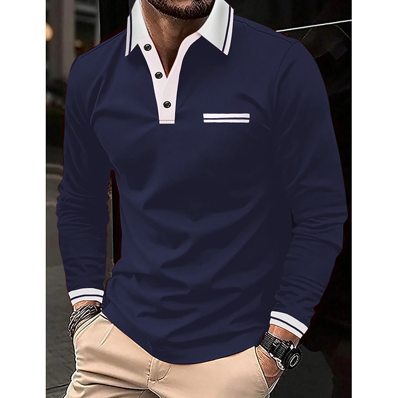 Men's Polo Shirt Button Up Polos Casual Sports Lapel Long Sleeve Fashion Basic Color Block Button Pocket Spring &  Fall Regular Fit Navy Wine Dark Gray Light Grey Polo Shirt3