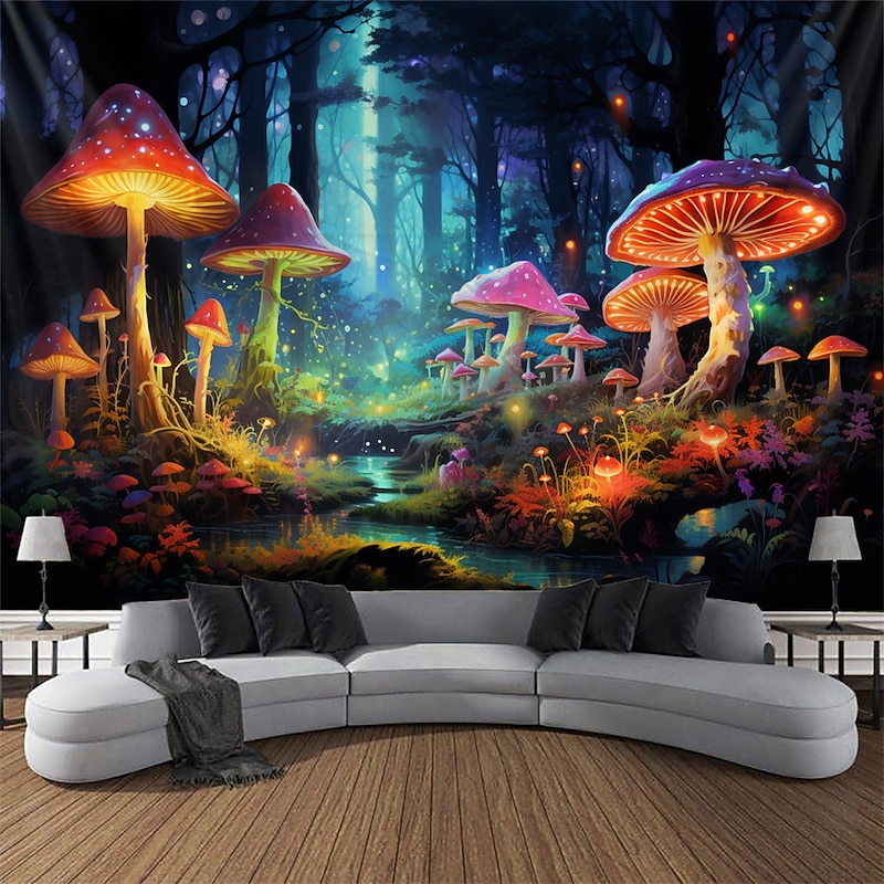 Blacklight Tapestry UV Reactive Glow in the Dark Glow Party Neon Mushroom Forest Psychedelic Trippy Misty Hanging Tapestry Wall Art Mural for Living