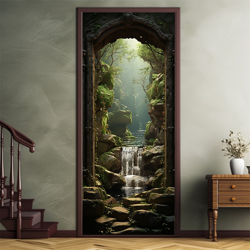 Waterfall Cave Door Covers Mural Decor Door Tapestry Door Curtain Decoration Backdrop Door Banner Removable for Front Door Indoor Outdoor Home Room Decoration Farmhouse Decor Supplies3
