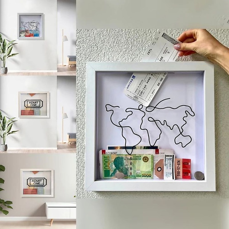 Adventure Archive Box, Travel Shadow Box with Slot, Memory Boxes for Keepsakes, Shadow Box Frame, Ticket Holder with World Map and Plane Design, Photo