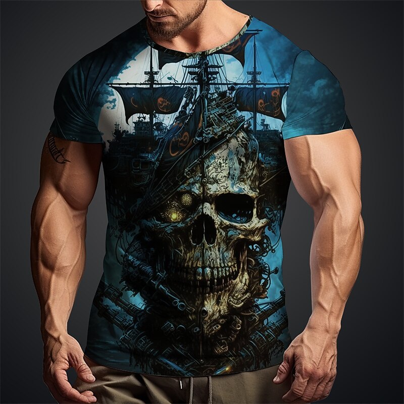 Men's Graphic Haunted Pirate Ship Skulls T Shirt Short Sleeve T shirt 3D Print Crew Neck Shirt Daily Designer Retro Vintage Sports Outdoor Holiday Going out Blue Sky Blue Red Spring & Summer Clothing2