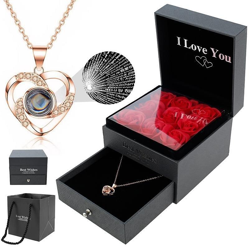 Women's Day Gifts Valentine's Day 100 Languages Pure Silver Projection Necklace Women's Jewelry Eternal Flower Gift Box Christmas and Valentine's Day Gift Mother's Day Gifts for MoM