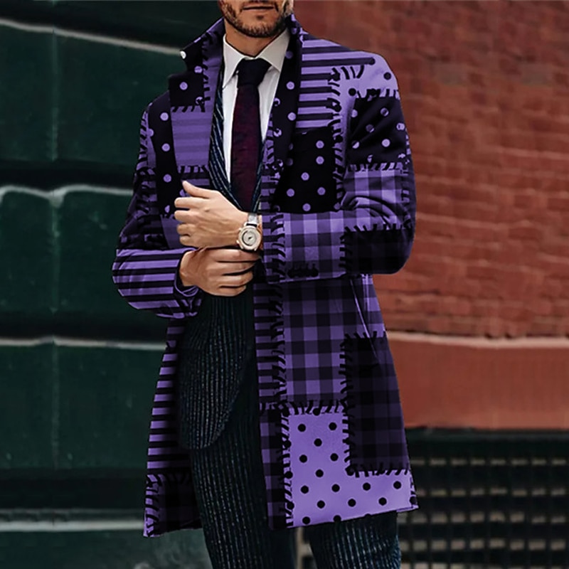 Men's Plaid Geometry Winter Coat Overcoat Coat Warm Comfortable Breathable Business Work Wear to work Going out Pocket Print Fall & Winter Turndown Long Sleeve Black Blue Purple4