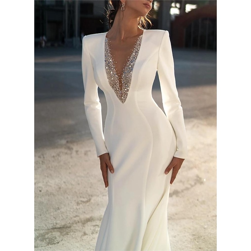 Formal Wedding Dresses Mermaid V Neck Long Sleeve Sweep / Brush Train Chiffon Bridal Gowns With Beading Solid Color3