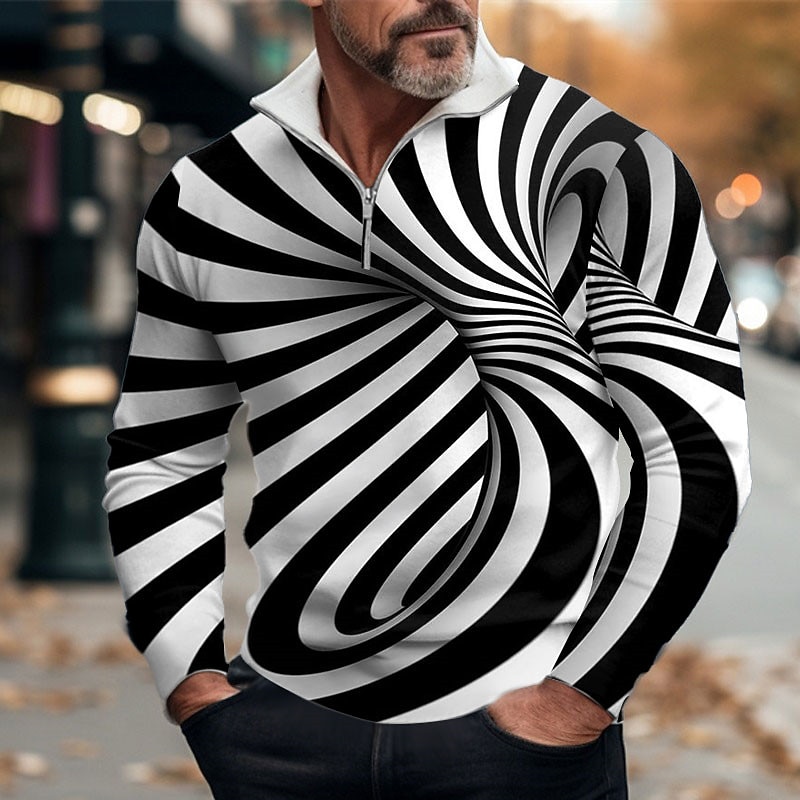 Men's Optical Illusion Zip Polo Long Sleeve Polo Shirts Zip Abstract Outdoor Casual Daily Streetwear 3D Print Spring White Wine Blue - Main Image