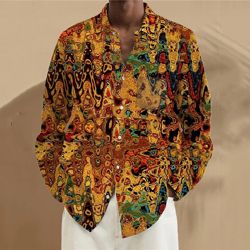 Men's Optical Illusion Shirt Linen Shirt Button Up Shirt Long Sleeve Artistic Abstract Daily Wear Going out Weekend Spring Turndown Print Button-Down Violet Yellow Green3