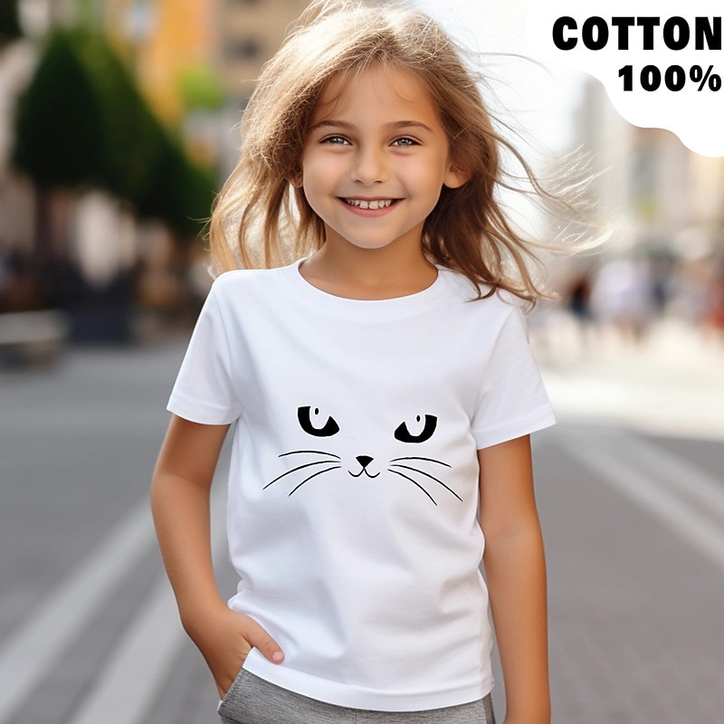 100% Cotton Kids Girls' Black White Red Cat Tee Shirts Crew Neck Short Sleeve Outdoor Casual Daily Active Fashion Cute Crewneck Summer2