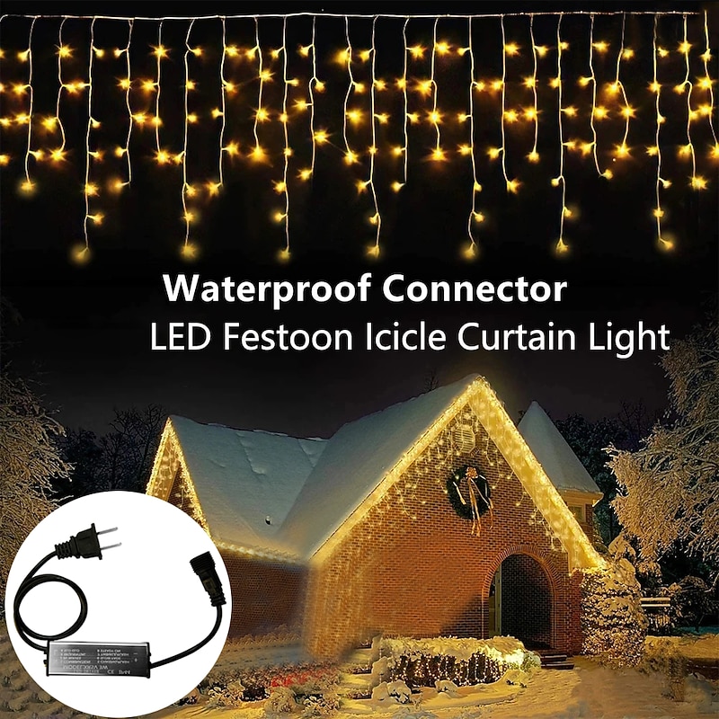 Outdoor Waterproof Curtain Lights, 3.5m/4m/5m Starry String Lights for FencesChristmas Home Decorations2