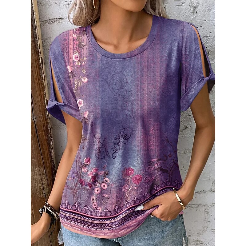 Women's Boho T-shirt T Shirt Floral Fashion Short Sleeve Round Neck Regular Tops Casual Holiday Cut Out Red Blue Purple Green Summer3