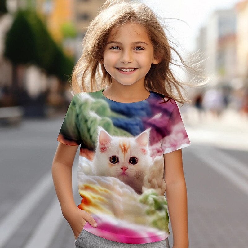 Girls' 3D Cat Tee Shirt Pink Short Sleeve 3D Print Summer Active Fashion Cute Polyester Kids 3-12 Years Crew Neck Outdoor Casual Daily Regular Fit3