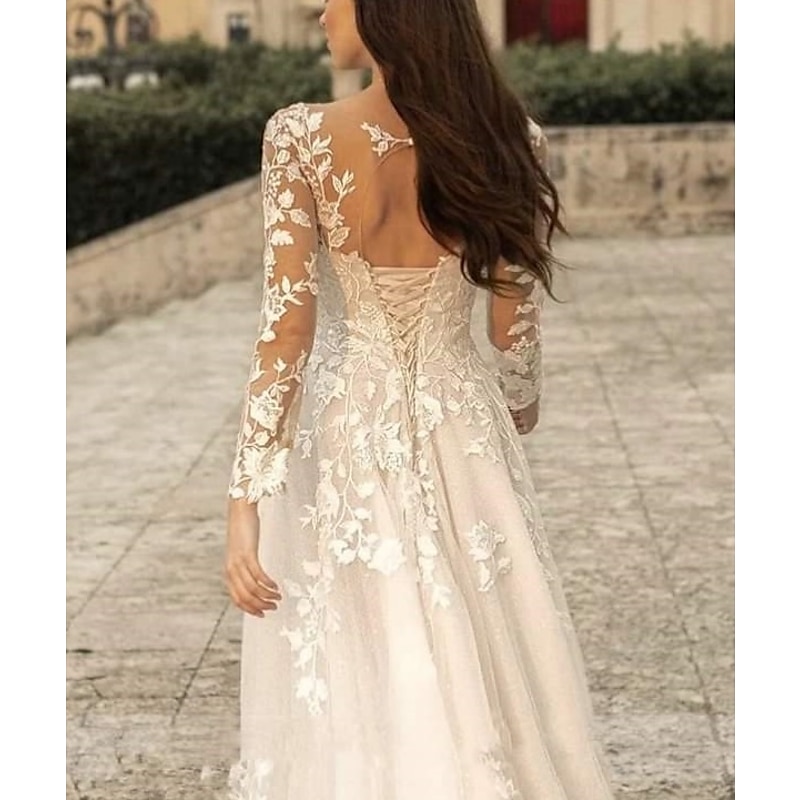 Beach Wedding Beach Formal Wedding Dresses A-Line V Neck Long Sleeve Sweep / Brush Train Lace Bridal Gowns With Flower Solid Color2