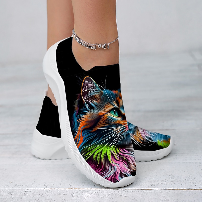 Women's Sneakers Slip-Ons Print Shoes Flyknit Shoes Comfort Shoes Outdoor Daily Cat Flat Heel Fashion Casual Tissage Volant Yellow Pink Blue 8