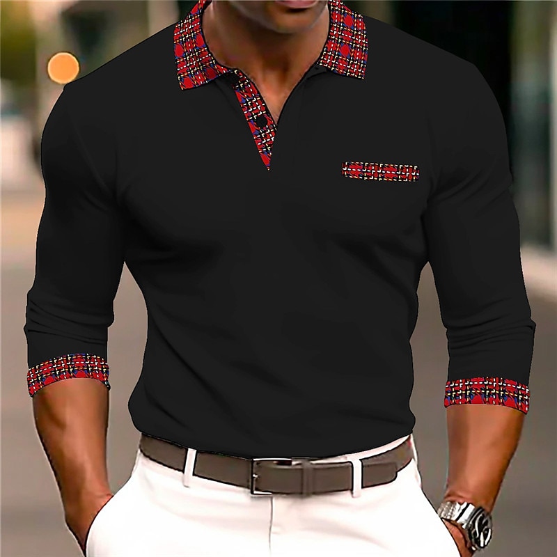 Kentucky Derby Men's Plaid / Check Cable Knit Polo Golf Polos Shirts Long Sleeve Polo Shirts Turndown Business Outdoor Casual Daily Streetwear 3D Print Spring & Summer Black White Blue