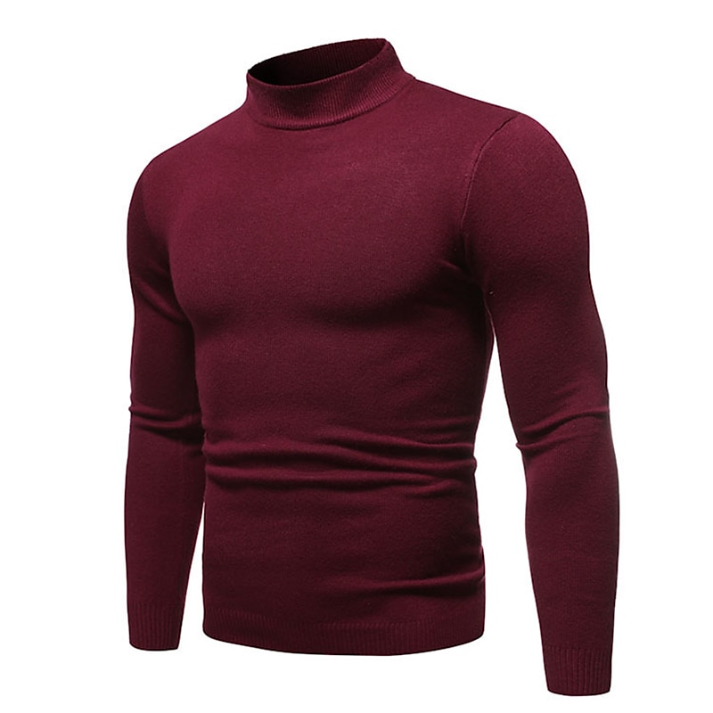 Men's Pullover Sweater Jumper Knit Sweater Ribbed Knit Regular Knitted Plain Mock Neck Basic Keep Warm Daily Wear Going out Clothing Apparel Fall Winter Wine Black M L XL4
