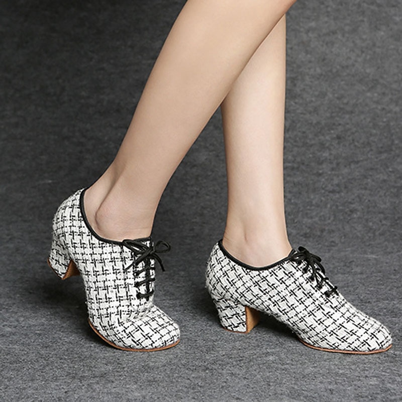Women's Tweed Latin Dance Shoes – Lace-Up Ballroom Performance Heels with Suede Sole for Professional Dancers4